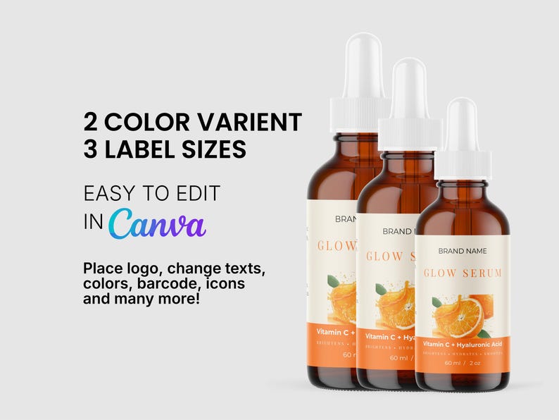 Puede incluir: Tres botellas de suero de vidrio &aacute;mbar con cuentagotas blancos. Cada botella tiene una etiqueta con el texto "GLOW SERUM" y un gr&aacute;fico de rodaja de naranja. La imagen tambi&eacute;n incluye texto: "2 VARIANTES DE COLOR, 3 TAMA&Ntilde;OS DE ETIQUETAS, F&Aacute;CIL DE EDITAR EN Canva."