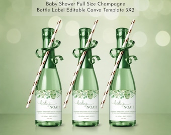 Rótulos para Garrafas de Champanhe Tamanho Normal para Chá de Bebê, Modelo de Rótulo Imprimível e Editável para Lembrancinhas de Champanhe, Floral Rosa Borgonha e Verde Sálvia