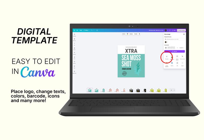 Pu&ograve; includere: Un laptop mostra un modello digitale per un'etichetta del prodotto "Sea Moss Shot". Lo schermo mostra il testo "DIGITAL TEMPLATE" e "EASY TO EDIT IN Canva". Il modello consente di inserire un logo, cambiare testi, colori e icone.