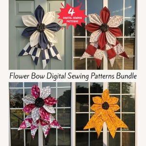 May include: A bundle of four fabric flower bow decorations featuring various patterns and colors including navy blue, cream, red, floral, and yellow. The text 4 DIGITAL SEWING PATTERNS and Flower Bow Digital Sewing Patterns Bundle is visible.