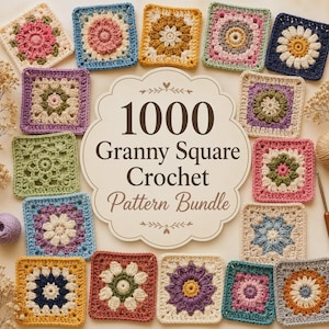 May include: A collection of colorful, handmade granny square crochet patterns. The squares feature various floral and geometric designs in shades of pink, blue, yellow, green, and purple. The image includes the text "1000 Granny Square Crochet Pattern Bundle."