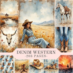 May include: A collection of watercolor illustrations with a denim and western theme. The images include a woman in denim, a white horse, a steer skull, cowboy boots, and a cowboy hat. The text "DENIM WESTERN -203 PAGES-" is displayed.