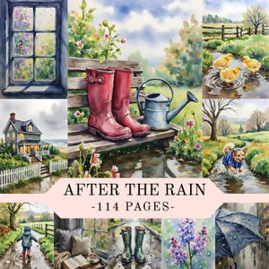 May include: Watercolor painting of a collection of scenes after the rain. Features include red rain boots on a bench, a house, ducklings, a dog, and the text "AFTER THE RAIN -114 PAGES-".