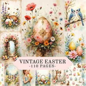 Puede incluir: Una colección de ilustraciones en acuarela con temática de Pascua. Las imágenes presentan huevos decorados, flores, pájaros y conejos. El texto "VINTAGE EASTER -110 PAGES-" se muestra en el centro de la imagen.