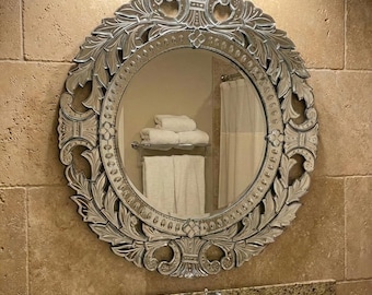 Handmade Venetian Wall Mirror - Antique Silver Ornate Round Mirror, 26"