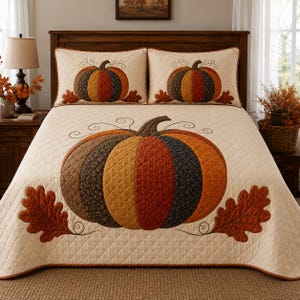 Pumpkin Quilt Set, Fall Harvest Bedding, Rustic Farmhouse Bedspread, Autumn Oak Leaf Bedroom Decor, Thanksgiving Home Gift