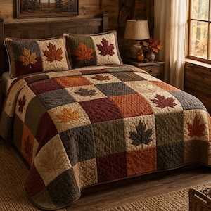 Rustikale Herbst-Bettwäsche mit Ahornblattmuster, Patchwork-Herbstbettwäsche, Tagesdecke im Landhausstil, Schlafzimmerdekoration für Thanksgiving