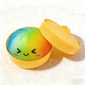 Puede incluir: Un juguete en forma de dumpling de colores arcoíris con una cara sonriente, dentro de un recipiente amarillo. La tapa está ligeramente abierta, revelando el diseño lúdico. El juguete está diseñado para parecerse a un bollo al vapor.
