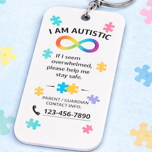 Portachiavi identificativo con simbolo dell'infinito autistico, portachiavi bifacciale / Informazioni di contatto di sicurezza per bambini neurodivergenti / Zaino con etichetta per autismo