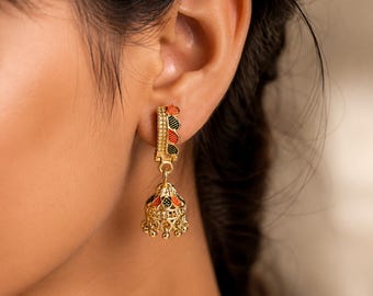 Pendientes Jhumka de esmalte multicolor, joyería tradicional india colgante en tono dorado