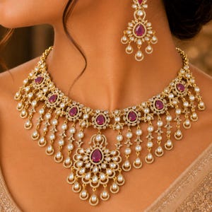 Ruby Red Kundan CZ Necklace Set Gold Plated Indian Bridal Jewelry Bollywood Wedding Choker