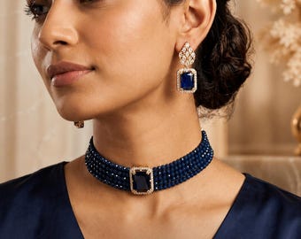 Handmade Sapphire Blue & Black Onyx Choker Necklace Set, Art Deco CZ Drop Earrings
