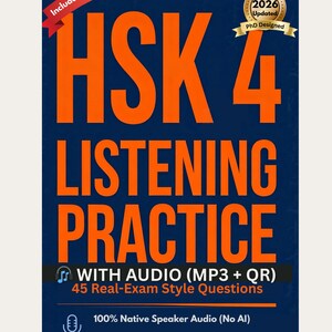 Puede incluir: Una portada de libro azul marino con el título "HSK 4 LISTENING PRACTICE" en letras grandes de color naranja. La portada incluye el texto "WITH AUDIO (MP3 + QR)" y "45 preguntas de estilo examen real". Un sello dorado indica que el libro es "PhD Designed".