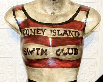 Life Size Bust/Chest Mannequin Coney Island Swim Club LifeGuard Table Top Altered Art/Vintage Style Prop Old/New Detroit Artist/L.Cerrito