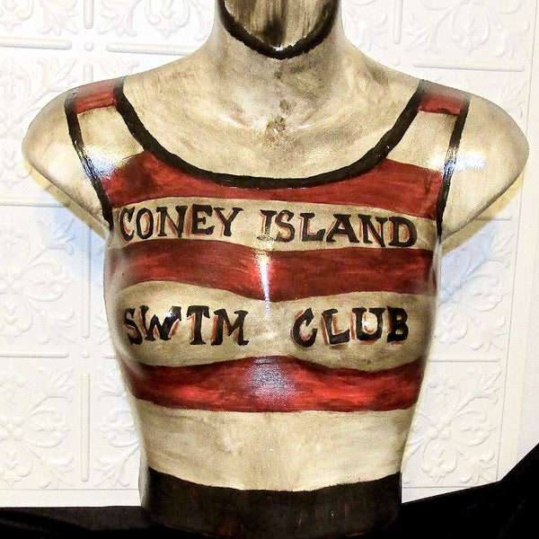 Life Size Bust/Chest Mannequin Coney Island Swim Club LifeGuard Table Top Altered Art/Vintage Style Prop Old/New Detroit Artist/L.Cerrito