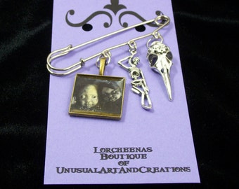 Creepy Dolls Photo Skeleton and Bird Skull Charms Silvertone Brooch Pin Halloween Horror Jewelry FREE SHIP USA