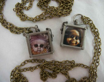 Odd Creepy Doll Jewelry Pendant Glass Metal Strange Haunting Funny Weird Dark Art Detroit Artist L.Cerrito FREE Ship Continental USA Only