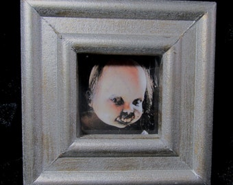 Halloween Prop Framed Creepy Doll Photo Prop Horror Ornament Goth Scary Odd Cabinet of Curiosity Gift Silver Foiled