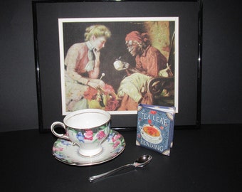 TEA LEAF READING Vintage Cup and Book Set Spirit Paranormal Psychic Tasseography Halloween Hostess Gift Fun!