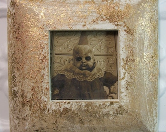 Creepy Boy Party Hat Doll Gold Framed Horror Prop Halloween Curiosity Odd Unusual Dark Disturbingly Beautiful Detroit Artist/L.Cerrito NIB