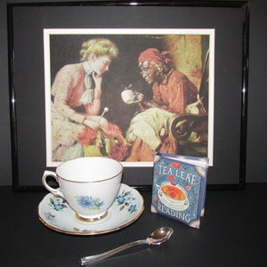 TEA LEAF READING Vintage Cup and Book Set Spirit Paranormal Psychic Tasseography Halloween Hostess Gift Fun!