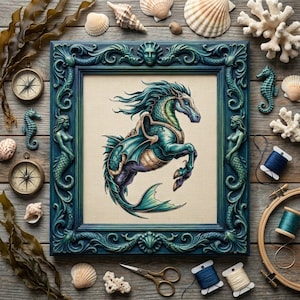 Könnte beinhalten: Ein gerahmtes Kreuzstichbild eines teal Seepferdchens mit pferdeähnlichem Kopf, das sich aufbäumt. Der Rahmen ist teal mit verzierten Schnitzereien. Muscheln, Kompasse, Seepferdchen und Stickzubehör umgeben den Rahmen auf einer Holzoberfläche.
