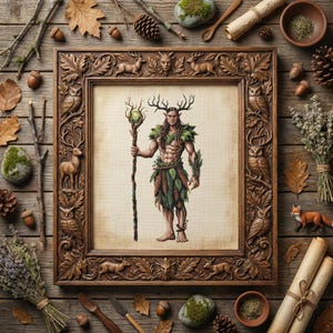 May include: A framed artwork featuring a fantasy figure with antlers, holding a staff with a green orb. The wooden frame is intricately carved with deer, owls, and foliage. The artwork is surrounded by natural elements like leaves, acorns, and pinecones.