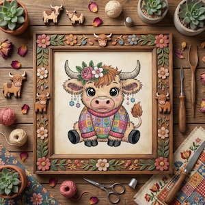 May include: A framed illustration of a Highland cow wearing a floral crown and a colorful sweater. The wooden frame is decorated with carved flowers and cow figures. Additional wooden cow figures and craft supplies surround the frame.