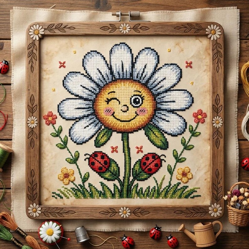Smiling Daisy Ladybugs Cross Stitch Pattern – Floral Embroidery (PDF ...
