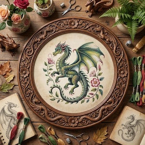 May include: A round, wooden framed embroidery featuring a green dragon with outstretched wings, surrounded by pink flowers and vines. The frame has a detailed floral and dragon design. The scene is set on a wooden surface with additional dragon figurines, flowers, and embroidery supplies.