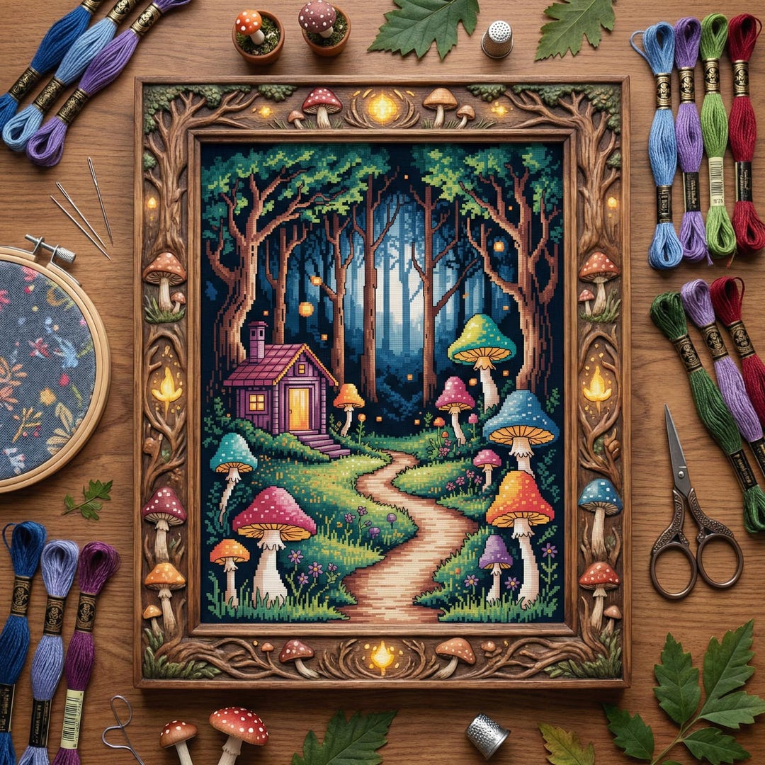 Enchanted Forest Cottage Cross Stitch Pattern PDF – Glowing Mushroom ...