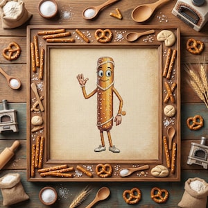 Op de afbeelding: Een ingelijste kruissteek van een zwaaiend pretzel-personage, omringd door pretzels, zout, houten lepels en miniatuurovens op een houten oppervlak. Het personage is bruin met witte accenten.