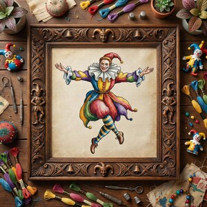 May include: A framed artwork featuring a colorful jester in a vibrant costume with a ruffled collar. The artwork is surrounded by embroidery supplies, including colorful threads, small figurines, and sewing tools, suggesting a craft or hobby theme.