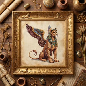 May include: A framed artwork featuring an Egyptian sphinx with lion's body and wings, adorned with hieroglyphs. The artwork is in a gold frame, surrounded by ancient artifacts like scrolls, beads, and pottery, creating an antique aesthetic.