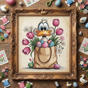 May include: A framed cross-stitch artwork depicts a cartoon duck holding a shopping bag filled with Easter eggs and flowers. The artwork is in a gold ornate frame. The background includes spools of thread, needles, and small decorative ducks.