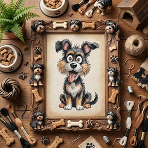 May include: A framed cartoon dog with a surprised expression, tongue out, surrounded by dog-themed decor. The frame is adorned with dog faces, paw prints, and bone shapes. Miniature dog figurines, dog food bowls, and spools of thread complete the scene.
