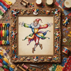 May include: A framed cross-stitch depicting a colourful jester with outstretched arms. The ornate gold frame is decorated with jester figures, musical instruments, and drums. Embroidery threads, spools, and fabric scraps surround the frame, suggesting a craft project.