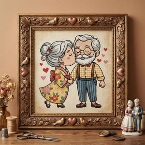 May include: A framed cross-stitch artwork depicts an elderly couple sharing a kiss, surrounded by hearts. The woman wears a yellow floral kimono, and the man has a plaid shirt and suspenders. The ornate, gold-toned frame features bird and heart embellishments.