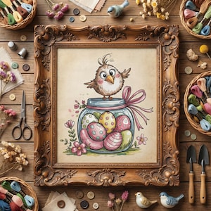 May include: A framed cross-stitch featuring a cartoon bird perched atop a jar filled with decorated Easter eggs. The frame is ornate, brown, and surrounded by craft supplies like embroidery floss, scissors, and small decorative birds. The color palette includes pastels and natural tones.