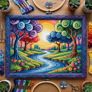 Puede incluir: Un paisaje bordado en punto de cruz enmarcado que representa un río que serpentea por un bosque colorido. La obra de arte presenta árboles con follaje arremolinado y estilizado en tonos azules, morados, rojos y verdes. El marco es azul oscuro con un patrón decorativo.
