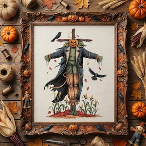 Può includere: Un ricamo a punto croce a tema autunnale incorniciato con un spaventapasseri con testa di zucca, che indossa un cappotto scuro e abiti verdi. La cornice è ornata da zucche e corvi. Zucca, foglie e mais circondano la cornice, creando un'esposizione stagionale.