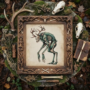 May include: A framed illustration of a skeletal creature with antlers, in shades of green and beige. The ornate, brown wooden frame is surrounded by deer antlers, bones, skulls, and a leather-bound book, creating a gothic, woodland theme.