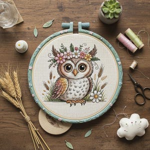 May include: An embroidered owl design in a hoop, featuring a floral crown and wheat. The colour palette includes soft blues, greens, and browns. The embroidery hoop is displayed on a wooden surface, with sewing accessories visible.