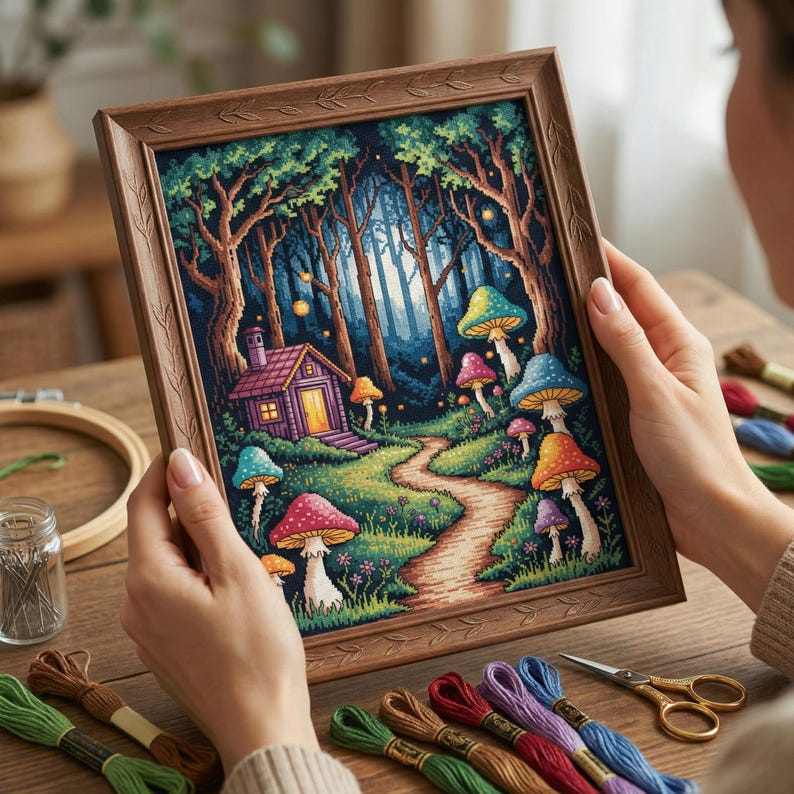 Enchanted Forest Cottage Cross Stitch Pattern PDF – Glowing Mushroom ...