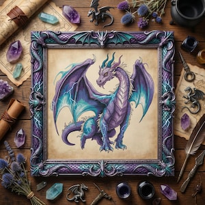 May include: A framed fantasy art print of a purple and teal dragon with outstretched wings. The ornate frame is purple and teal. The image is surrounded by crystals, maps, inkwells, and dragon figurines, suggesting a fantasy theme.