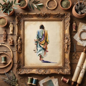 May include: A framed watercolor painting depicts a figure in flowing robes, viewed from the back, with a colorful shawl. The ornate, gold-toned frame is surrounded by religious figurines, embroidery hoops, spools of thread, and dried herbs, suggesting a craft or art theme.