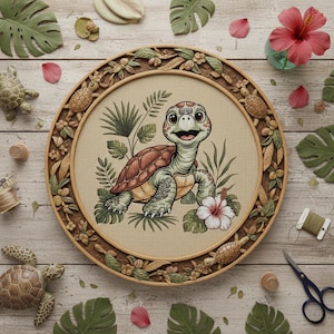 May include: A cross-stitch embroidery of a smiling turtle holding a hibiscus flower, set in a round wooden frame with carved floral details. The turtle has a brown shell and green skin, surrounded by green leaves. Decorative elements include turtle figurines and tropical foliage.