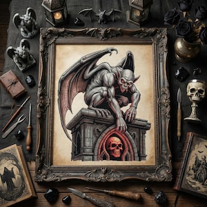 Peut inclure: Une impression d'art gothique encadrée représentant une gargouille sur une structure en pierre avec un crâne. L'œuvre est entourée d'éléments décoratifs gothiques, tels que des statues de gargouilles, des chauves-souris et un calice en forme de crâne.