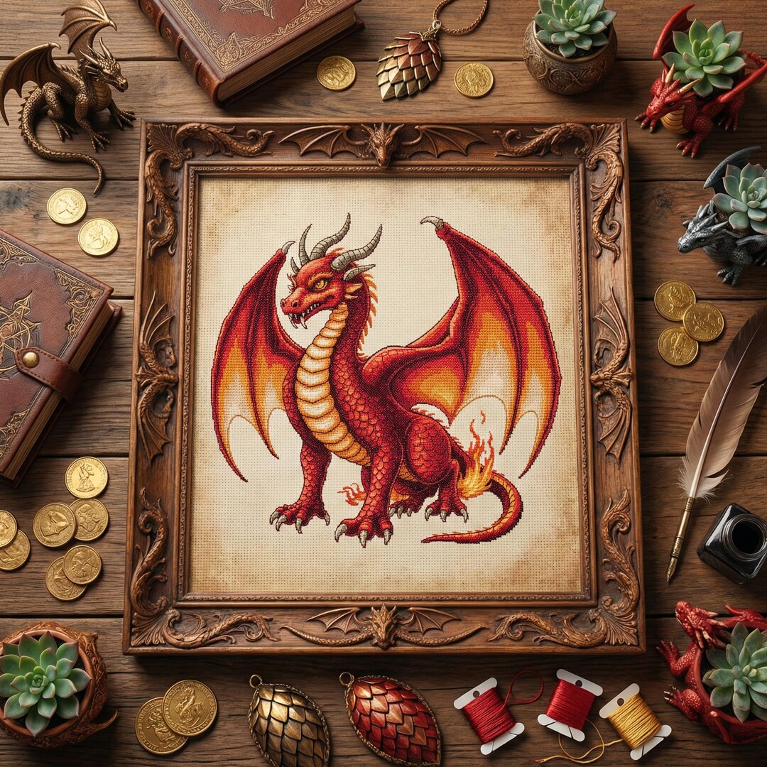 Red Fire Dragon Cross Stitch Pattern: Fantasy Dragon Embroidery PDF - Etsy