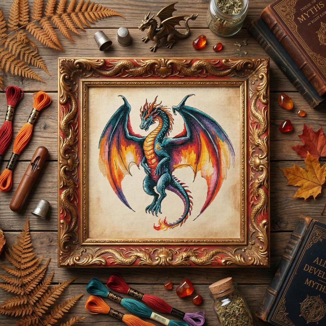 Fire Wing Dragon Cross Stitch Pattern: Elemental Fantasy Dragon ...